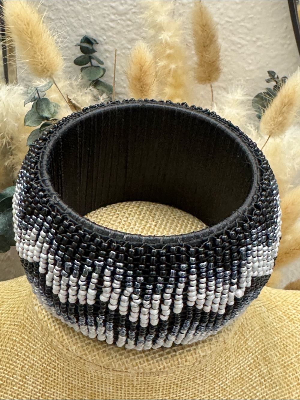 Black and White Wide Beaded Bangle Bracelet Traditional Monochrome Design.